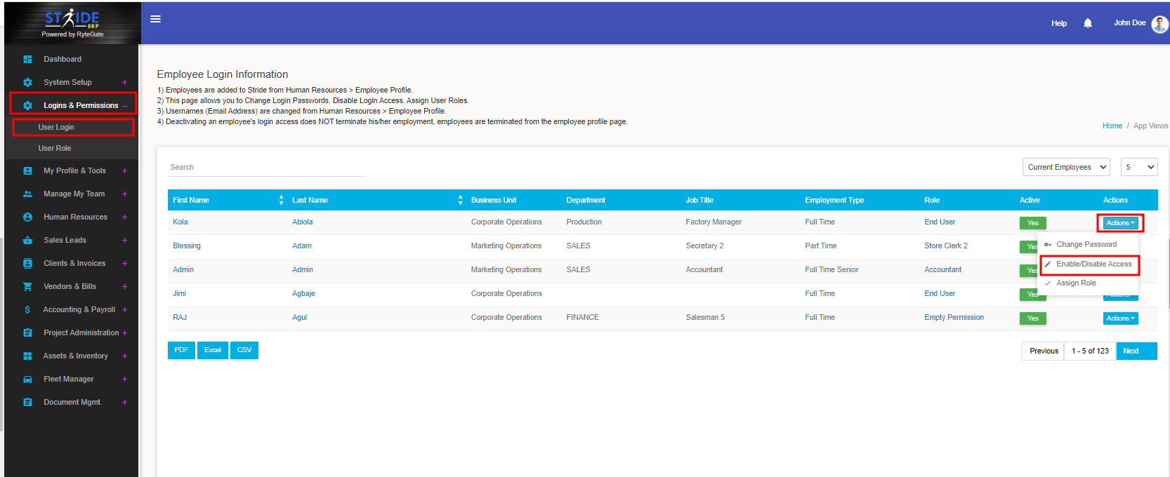 How To Disable Login Access For An Employee - Knowledgebase - Stride ERP